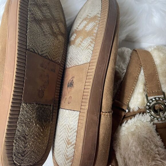 G by Gess tan suede faux fur ankle boots with side buckle slip on. - Picture 9 of 9